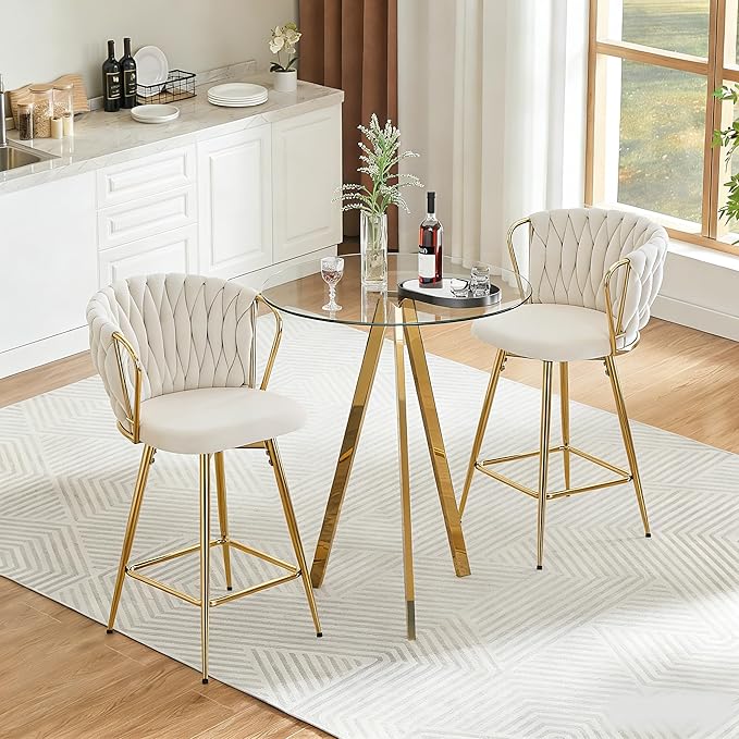 31'' Small Round Glass Cocktail Pub Table and Chairs Set of 2, Luxury Gold Bar Table & 2 Upholstered Island Chairs Counter Height Stools, Beige Barstools