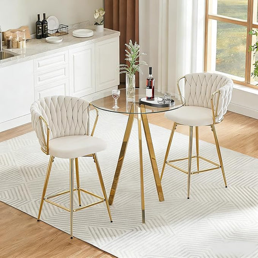 31'' Small Round Glass Cocktail Pub Table and Chairs Set of 2, Luxury Gold Bar Table & 2 Upholstered Island Chairs Counter Height Stools, Beige Barstools