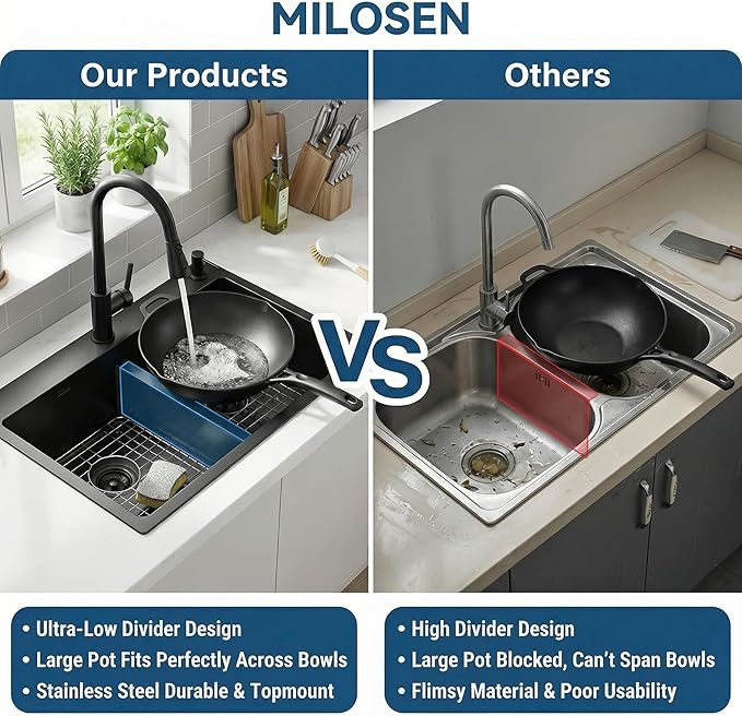 MILOSEN 33''x22''Black Double Bowl Kitchen Sink, 50/50 T304 Stainless Steel Drop in Kitchen Sinks, Topmount Large and Deep Workstation Sink, Handmade Low-Divide Double Basin with Custom Accessories