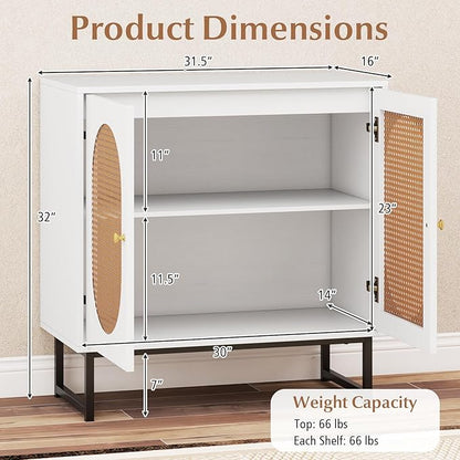 Giantex Rattan Sideboard Buffet Cabinet with Storage, Boho Sideboard with Doors & Adjustable Shelf, Small Accent Buffet Storage Cabinet with Metal Legs for Kitchen, Living Room, Entryway, White