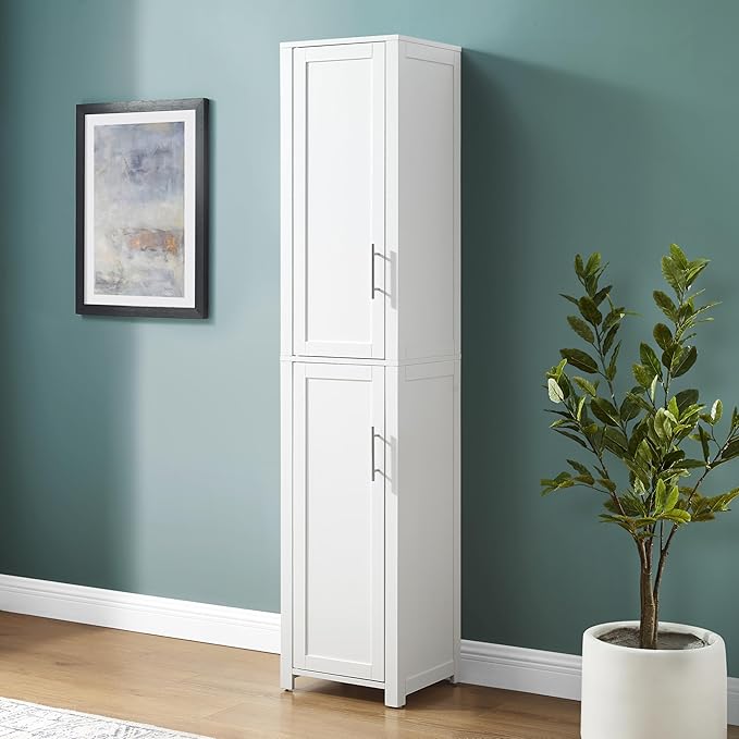 Crosley Furniture Savannah Linen Storage Cabinet, Laundry Room, Bathroom Organizer with Shelves, White