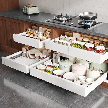 Seinloes 2 Pack Pull Out Cabinet Organizer Expandable Width(15"-25") and Depth(17"-24"),Slide Out Drawers With Raising Pad for Framed Cabinets,No Drill Roll Out Shelves for kitchen,Bathroom,White