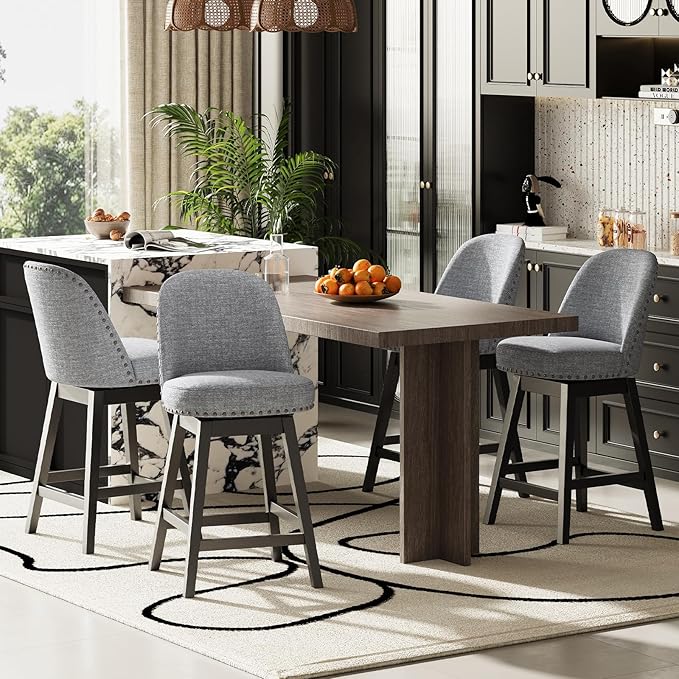 MALOL Swivel Bar Stool, Upholstered Fabric Mid Century Mondern Barstool, 26 inch Counter Height Bar Chair with Solid Back and Wood Legs, for Kitchen Island，Dark Grey