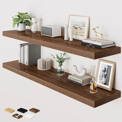 RICHFOCUS Deep Floating Shelves for Wall 2 Pack 12" D 55 Inch Wall Shelves for Room Wall|Wood Hanging Shelf with Invisible Brackets for Bathroom Bedroom Kitchen Laundry Room, Walnut