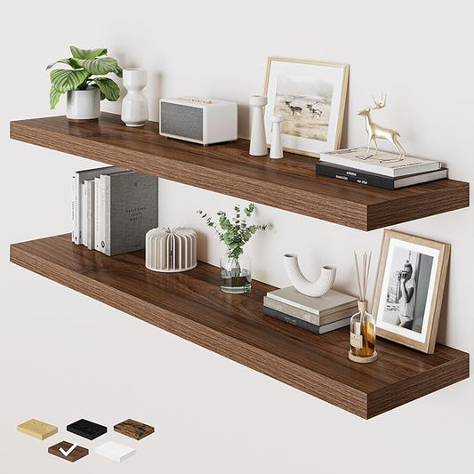 RICHFOCUS Deep Floating Shelves for Wall 2 Pack 12" D 55 Inch Wall Shelves for Room Wall|Wood Hanging Shelf with Invisible Brackets for Bathroom Bedroom Kitchen Laundry Room, Walnut