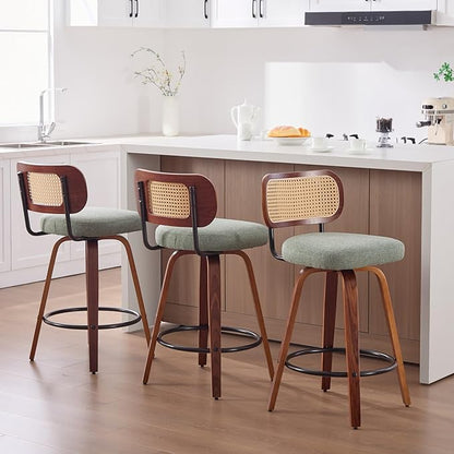 Modern Dining Chair Mid-Century Swivel Counter Height Bar Stools with Upholstered Seat, Sturdy Stable Walnut Craftsmanship for Kitchen Island Dining Room Furniture,Green-Foam-setof3