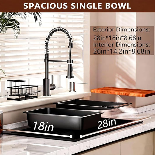 Black Kitchen Sink Drop-in with Accessories: 28x18 Workstation Sink Drop-in Kitchen Sink Stainless Steel Deep Single Bowl with Cutting Board & Pull-out Faucet for Family Kitchen