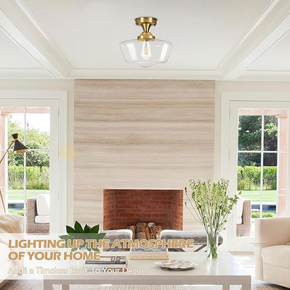 Brass Schoolhouse Light Fixture 12" Mid Century Light Fixture Schoolhouse Light Fixtures Ceiling Clear Glass Semi Flush Mount Ceiling Lights for Bedroom Bathroom Kitchen(Bulb Incl.)
