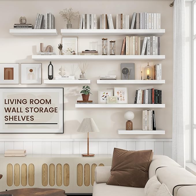 Venusmiles Floating Shelves for Wall, Engineered Wood Wall Shelves with Invisible Brackets for Living Room Bedroom Bathroom Office Kitchen Decor and Storage (White, 55" W x 9" D x 1.5" H) Set of 1