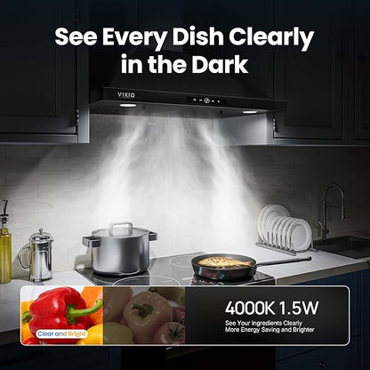 VIKIO HOME Wall Mount Range Hood 30 inch, 580 CFM Kitchen Vent Hood, Ducted/Ductless Convertible with Touch Control, Stainless Steel Stove Vent Hood, Easy Clean Filter, Black