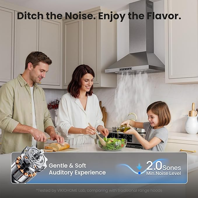 VIKIO HOME Wall Mount 36 Inch Range Hood 900 CFM, Ductless/Ducted Convertible Kitchen Hood, 3-speed Gesture Sensing & Touch Control, Stainless Steel Kitchen Vent Hood with Permanent Baffle Filters