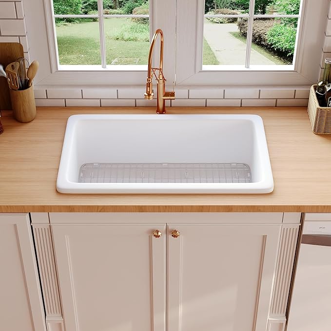 DeerValley Undermount Kitchen Sink 32 inch, White Fireclay Farmhouse Sinks, Single Bowl Deep Drop-in Kitchen Sink with Bottom Grid & Strainer, Heavy Duty Solid Fireclay