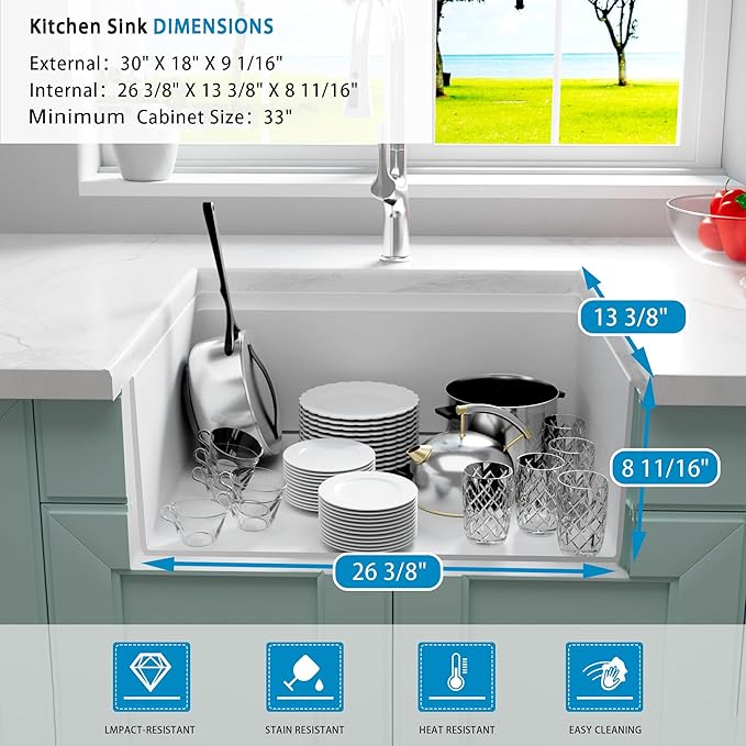White Undermount Kitchen Sink 30 X 18 inch,Granite Composite Kitchen Sink Undermount/Drop In,Large Single Bowl Workstation Kitchen Sinks (White, 30" X 18")
