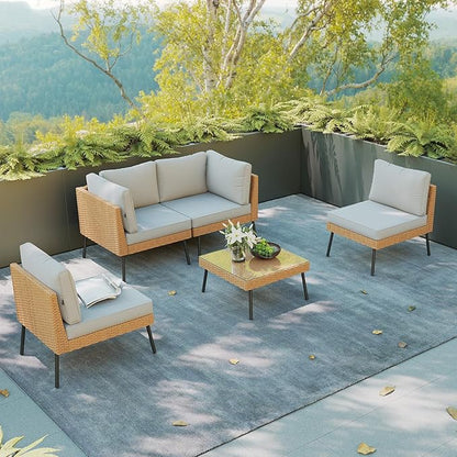 Aoxun Patio Furniture Set, 5 Piece Outdoor Sectional Sofas with Thick Cushion, Wicker Outdoor Patio Furniture Set with Coffee Table for Party, Garden, Backyard, Grey
