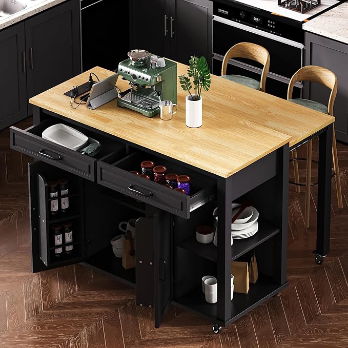 Modern Dining Table Extendable Kitchen Island with Rack Power Outlet Adjustable Sturdy Stable Easy Clean Counter Console Luxury Rubber Wood Veneer,Black-MDF