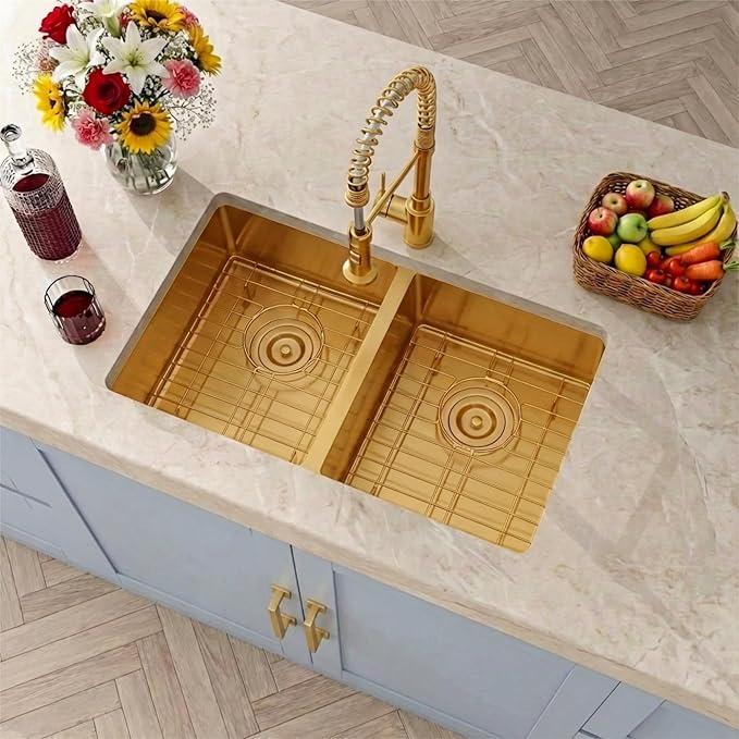 Gold RV Kitchen Sink 27 X 16 inch,50/50 Double Bowl Undermount Kitchen Sink,16 Gauge Stainless Steel Kitchen Sinks for RV