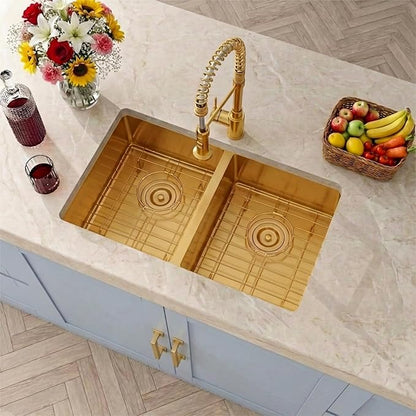 Gold RV Kitchen Sink 27 X 16 inch,50/50 Double Bowl Undermount Kitchen Sink,16 Gauge Stainless Steel Kitchen Sinks for RV