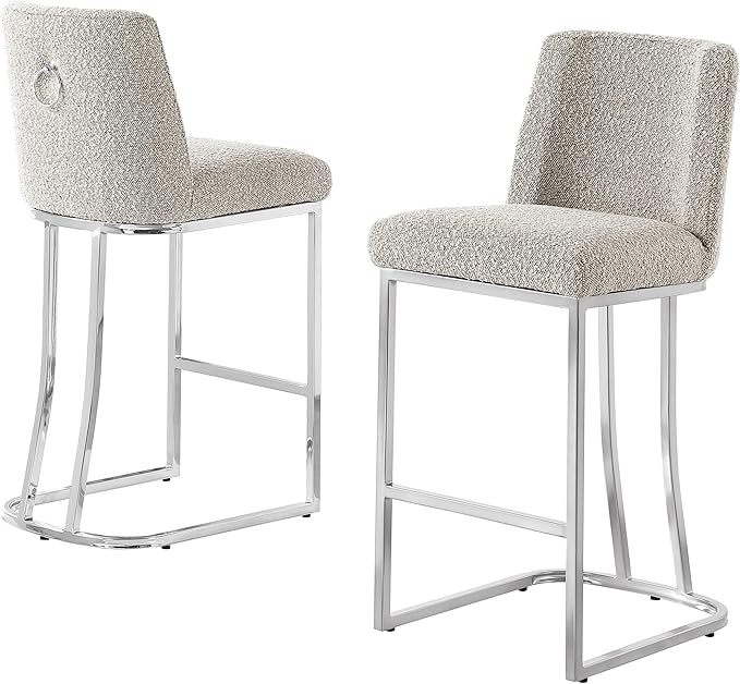 Modern Chairs Set of 2, Chrome Side Chairs & Counter Stools with Ring Pull Back, Luxury Upholstered Chairs for Kitchen Island, Dining Room & Home Bar (Boucle, Gray/Silver, Counter Height Chair)