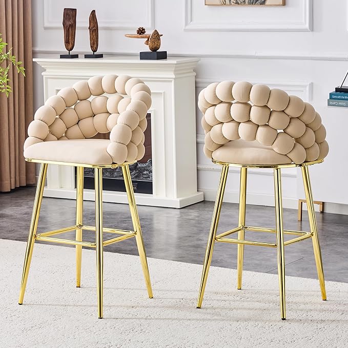 Set of 2 Beige Puffy Bubble Chair Ball Chain Chair Velvet Bar Stools with Gold Legs, Tufted Accent Bar Chairs for Kitchen Island Home Bar