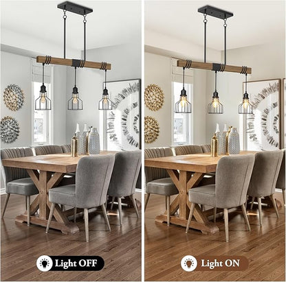 3-Light Kitchen Island Lighting, 63" Adjustable Height Pendant Light Fixtures Black Metal & Rustic Wood Modern Dining Room Linear Chandelier Over Table with E26 Base for Farmhouse Bar