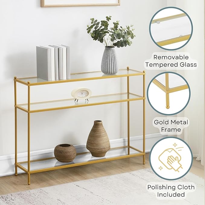 Convenience Concepts Royal Crest Glass Console Hall Table 42" - 3 Tier Modern, Contemporary Narrow Display Accent with Storage Shelves for Living Room, Entryway, Hallway, & Bedroom, Gold