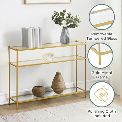 Convenience Concepts Royal Crest Glass Console Hall Table 42" - 3 Tier Modern, Contemporary Narrow Display Accent with Storage Shelves for Living Room, Entryway, Hallway, & Bedroom, Gold