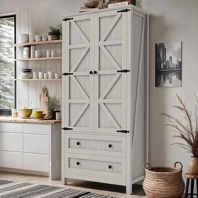 YITAHOME Farmhouse Kitchen Pantry Cabinet, 64.5" Tall Storage Cabinet with 2 Drawers & Adjustable Shelves, Ideal for Kitchen, Living Room, or Entryway, White
