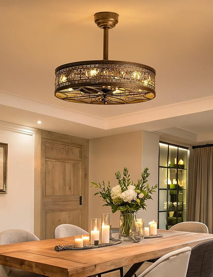 24 Inch Bronze Chandelier Ceiling Fan with Light,24" Antique Vintage Caged Bladeless Enclosed Fandelier,Victorian Classic Crystal Light Fixture,Hanging/Flush Mount for Bedroom,Dining Room,Living Room