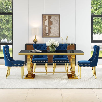 7-Piece Modern Luxury Dining Table Set, 70" Black Tempered Glass Dining Table with Gold Polished Stainless Steel U-Shaped Pedestal Base, 6 Blue Velvet Upholstered Chairs, for Dining Room, Office
