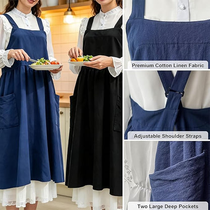 Uaussi Cotton Linen Apron Cross Back Work Apron for Women with Pockets Pinafore Dress X Cross Halter Apron for Chef Gardening