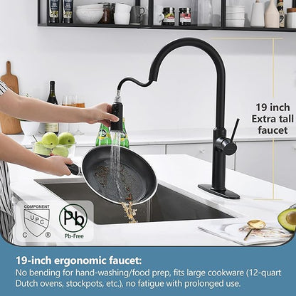 Matte Black Kitchen Faucets High Arc Single Handle Tall Kitchen Faucet with Pull Down Sprayer, Solid Brass 19 inch