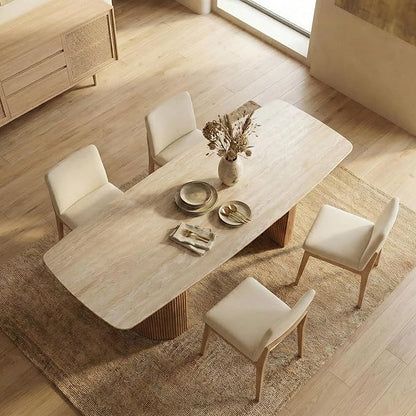 79'' Sintered Stone Dining Table for 8-10 People, Modern Rectangular Kitchen Table with Solid Wood Pedestal, Luxury Mid-Century Dining Room Table for Home Living Room
