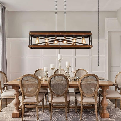 Rustic Farmhouse Plug in Kitchen Island Lighting, 6 Lights Rectangular Pendant Light Fixture with Adjustable Chain, Dimmable Switch, Oak Wood and Metal Linear Chandelier for Dining Room Home, Black