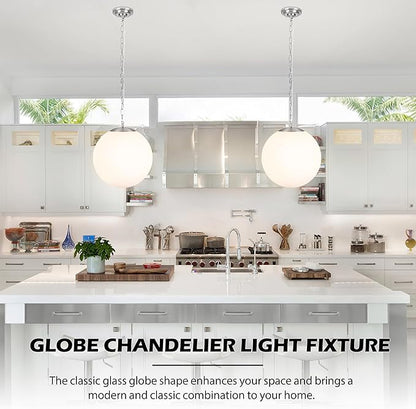 KoKo&Yukina 13.7 Inch Nickel Globe Pendant Light Adjustable Globe Pendant Lights Kitchen Island Mid Century Light Fixture with Milky White Glass Shade for Living Room