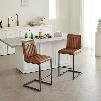 26" Counter Height Bar Stools Set of 2, Modern Upholstered Chairs with Vertical Tufted Backrest & Footrest, Metal Frame for Kitchen Island, Home Bar (Cognac PU Leather)