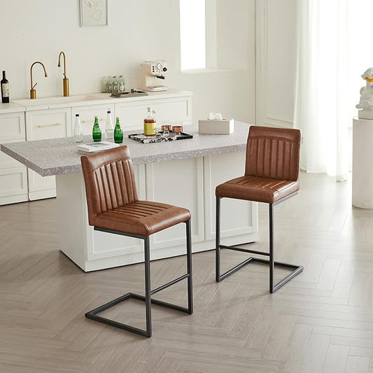 26" Counter Height Bar Stools Set of 2, Modern Upholstered Chairs with Vertical Tufted Backrest & Footrest, Metal Frame for Kitchen Island, Home Bar (Cognac PU Leather)