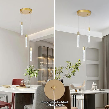 3 Light Pendant Lights Kitchen Island,Modern LED Bubble Crystal Pendants with Dimmable 3000K-6000K Ceiling Hanging Light Fixture for Dining Room Bedroom,Gold Finish,Adjustable Height 59"