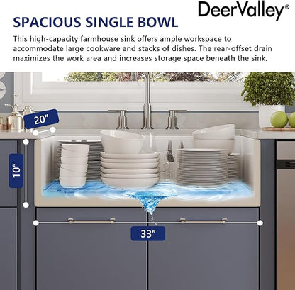 33In White Farmhouse Sinks for Kitchens, DeerValley 33 Inch Farm Kitchen Sink Workstation Flat Apron Front, White Fireclay Single Bowl Kitchen Basin with Cutting Board, Dish Rack & Grid, Easy to Clean