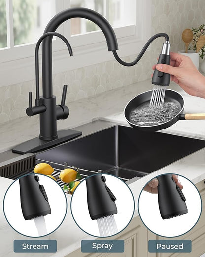 FORIOUS Black Kitchen Faucets with Water Filter, 2 in 1 Stainless Steel Pull Down Sink Faucet and Purified Water Faucet Rustic High Arc Single Handle with Detachable Deck for 1 or 3 Hole