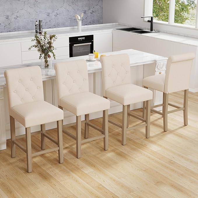 LSSBOUGHT 24 Inches Upholstered Counter Stools, Bar Stools Set of 2, Fabric Counter Stools with Back, Counter Height Bar Chairs with Solid Wood Legs for Home Kitchen Island Dining Room, (2pcs,Beige)