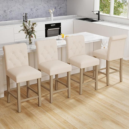 LSSBOUGHT 24 Inches Upholstered Counter Stools, Bar Stools Set of 2, Fabric Counter Stools with Back, Counter Height Bar Chairs with Solid Wood Legs for Home Kitchen Island Dining Room, (2pcs,Beige)