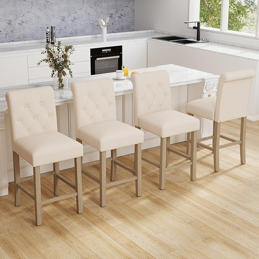 LSSBOUGHT 24 Inches Upholstered Counter Stools, Bar Stools Set of 4, Fabric Counter Stools with Back, Counter Height Bar Chairs with Solid Wood Legs for Home Kitchen Island Dining Room, (4pcs,Beige)