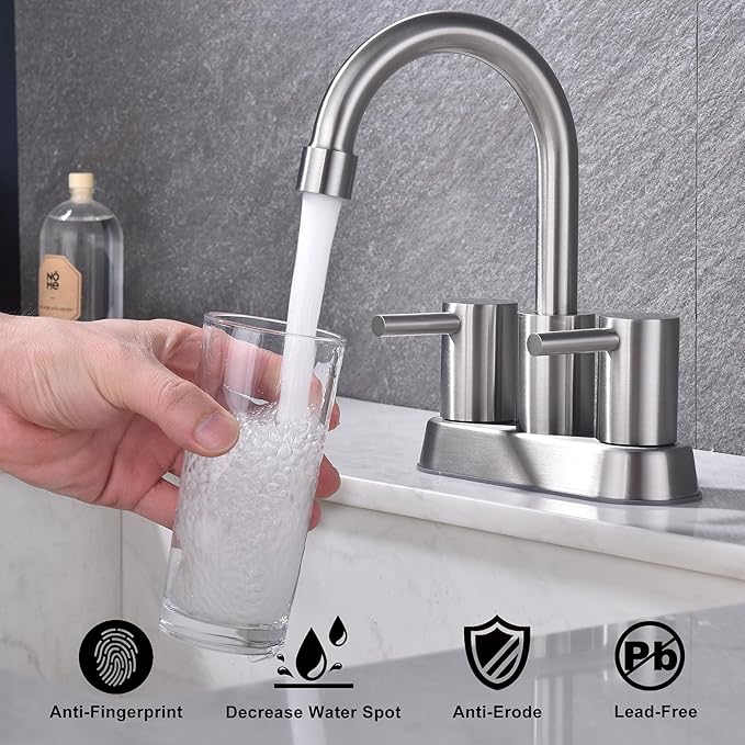 4 Inch 2 Handle 2 or 3 Hole Bathroom Faucet with Pop up Drain and Supply Lines, Brushed Nickel Bathroom Sink Faucet 3 Hole, Stainless Steel Vanity Faucets for Bathroom, Restroom, Rv