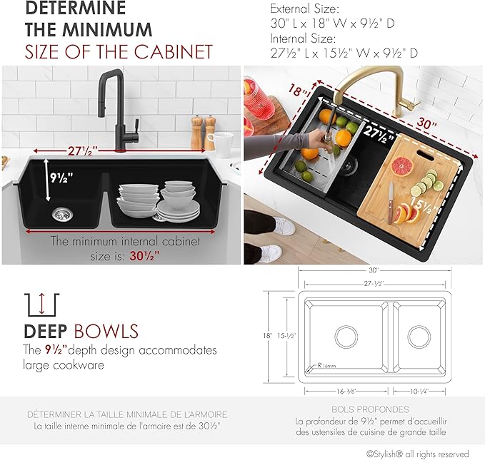 Stylish 30 x 18 Inch Composite Granite Workstation Kitchen Sink, 60/40 Double Bowl Under Mount & Drop in, 9.5 in Deep, Reversible, with Cutting Board, Colander, Colander & Strainer, Black, S-831WN