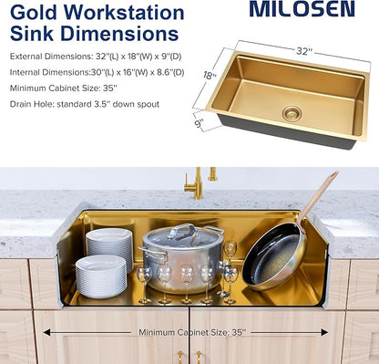 MILOSEN 32 Inch Gold Undermount Kitchen Sink, 32" x 18" Gold Workstation Sinks, Stainless Steel Single Bowl Sink with Custom Accessories, Modern Under Counter Design, 9'' Large and Deep Kitchen Sinks