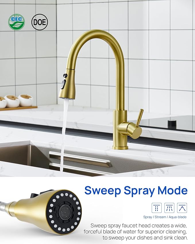J-HVA Pull Down Kitchen Faucet Sprayer Head Replacement Part, 3 Function Pull Out Sink Sprayer Replacement Nozzle, Kitchen Faucet Head Hose Spray Tap Spout, 15 adapters, Brushed Gold