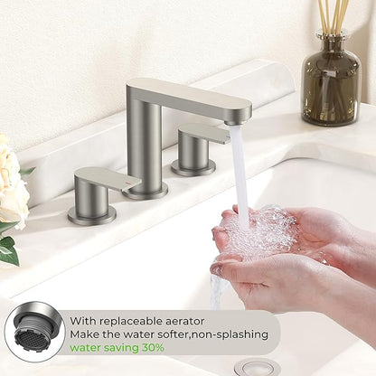 FORIOUS Brushed Nickel Bathroom Faucets 3 Hole, 8 Inch Widespread Bathroom Sink Faucet with Pop-up Drain and cUPC Supply Lines for Basin, Vanity, Laundry Room and Restroom