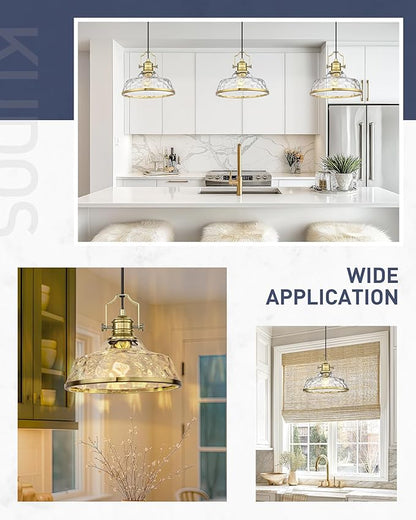 kudos Gold Pendant Lights Kitchen Island, 11" Brass Kitchen Island Lighting with Clear Hammered Glass Shade, Farmhouse Hanging Light Fixture for Kitchen Sink Dining Room Hallways, KDPL13-GD-H
