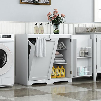 KEIKI Laundry Cabinet with Doors and shelf, Tilt-Out Laundry Hamper, Freestanding Style, Adjustable Shelf, Accent Table for Bathrooms Laundry Room Kitchen, White, (Style D)