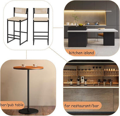 Set of 2 Woven Bar Stools with Backrest Paper Rope Weave Dining Chairs for Kitchen Island (Style B Black Creamy White)